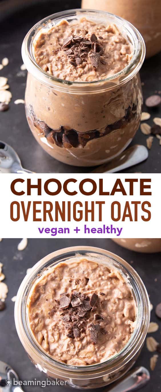 Chocolate Overnight Oats Recipe (Vegan): this rich & creamy chocolate overnight oats recipe is so EASY to make! Prep in minutes the night before for healthy overnight oats in a jar. #OvernightOats #Chocolate #Breakfast #Vegan | Recipe at BeamingBaker.com