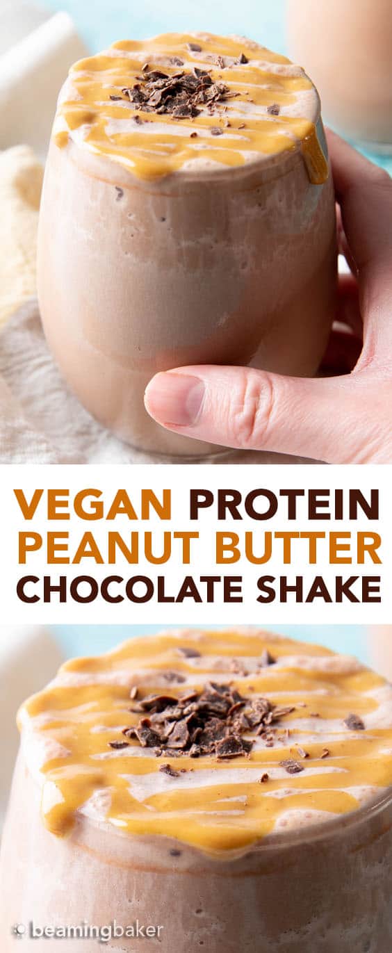 Chocolate Peanut Butter Protein Shake Recipe: this Vegan + High-Protein shake recipe requires just 5 ingredients & 5 minutes to make! Creamy peanut butter & chocolate YUM. #ProteinShake #Protein #Vegan #Chocolate #PeanutButter | Recipe at BeamingBaker.com