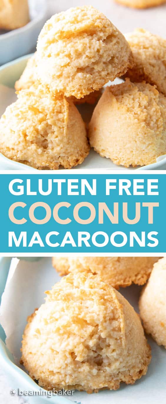 Gluten Free Coconut Macaroons Recipe: this easy gluten free macaroons recipe yields soft & chewy coconut cookies with a crispy exterior! Vegan, Paleo, Dairy-Free, Egg-Free. #Coconut #Macaroons #GlutenFree #Cookies #Easter | Recipe at BeamingBaker.com