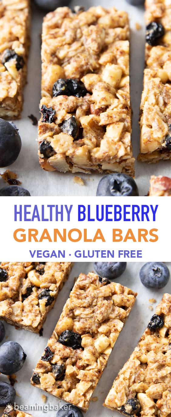Blueberry Granola Bars (GF): this healthy homemade granola bars recipe is chewy, nutrient-rich & EASY to make! Plant-Based, Refined Sugar-Free, Vegan. #GranolaBars #Blueberry #Healthy #GlutenFree | Recipe at BeamingBaker.com