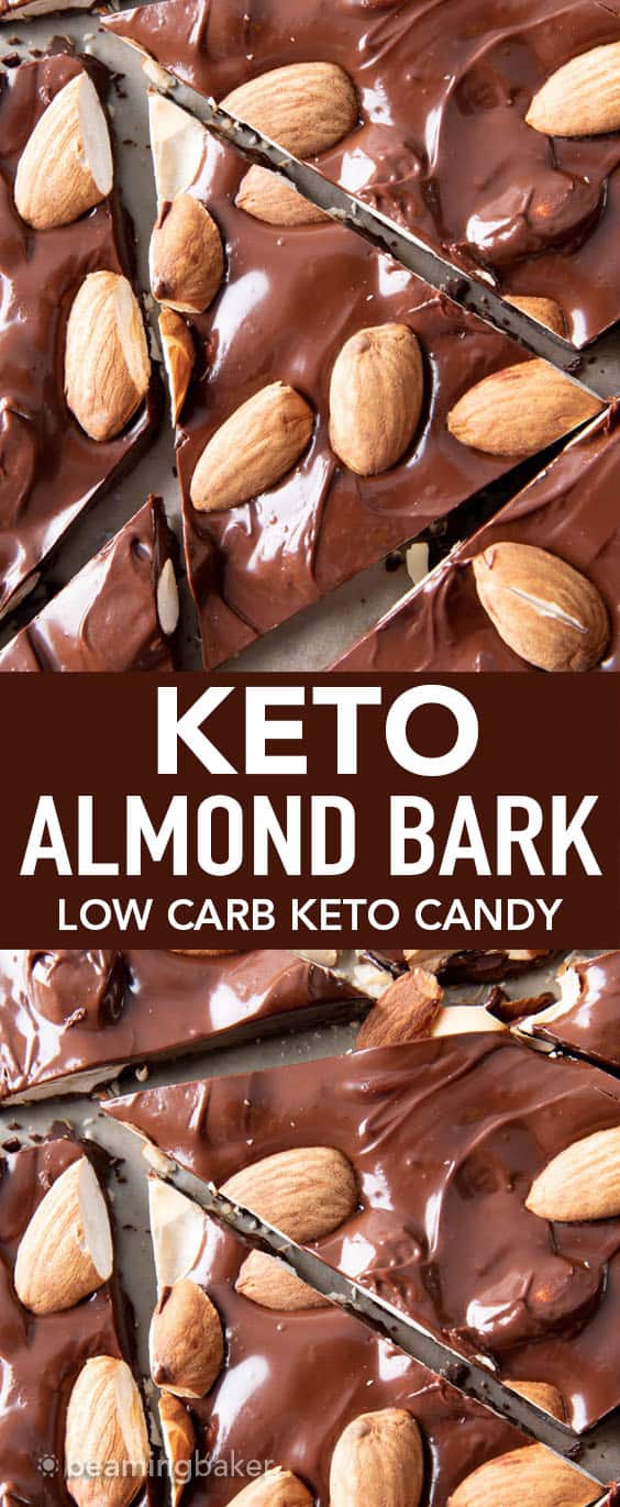 3 Ingredient Keto Almond Bark Recipe: this 5 minute keto candy recipe is decadent, rich and Low Carb! Easy to Make, Dairy-Free. #KetoCandy #Keto #LowCarb #SugarFree | Recipe at BeamingBaker.com