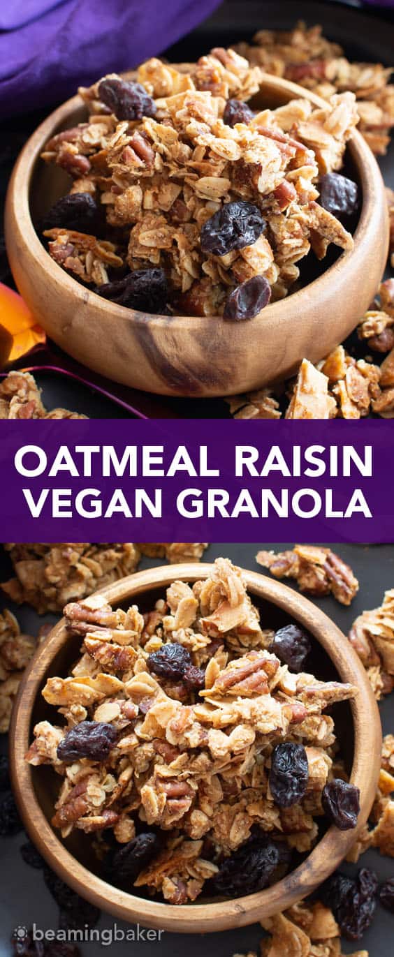 Oatmeal Raisin Vegan Granola Recipe: super CHUNKY, big cluster homemade vegan granola with juicy raisins and fiber-rich oats! Gluten Free, Healthy, Dairy-Free. #Granola #Healthy #GlutenFree #Vegan | Recipe at BeamingBaker.com