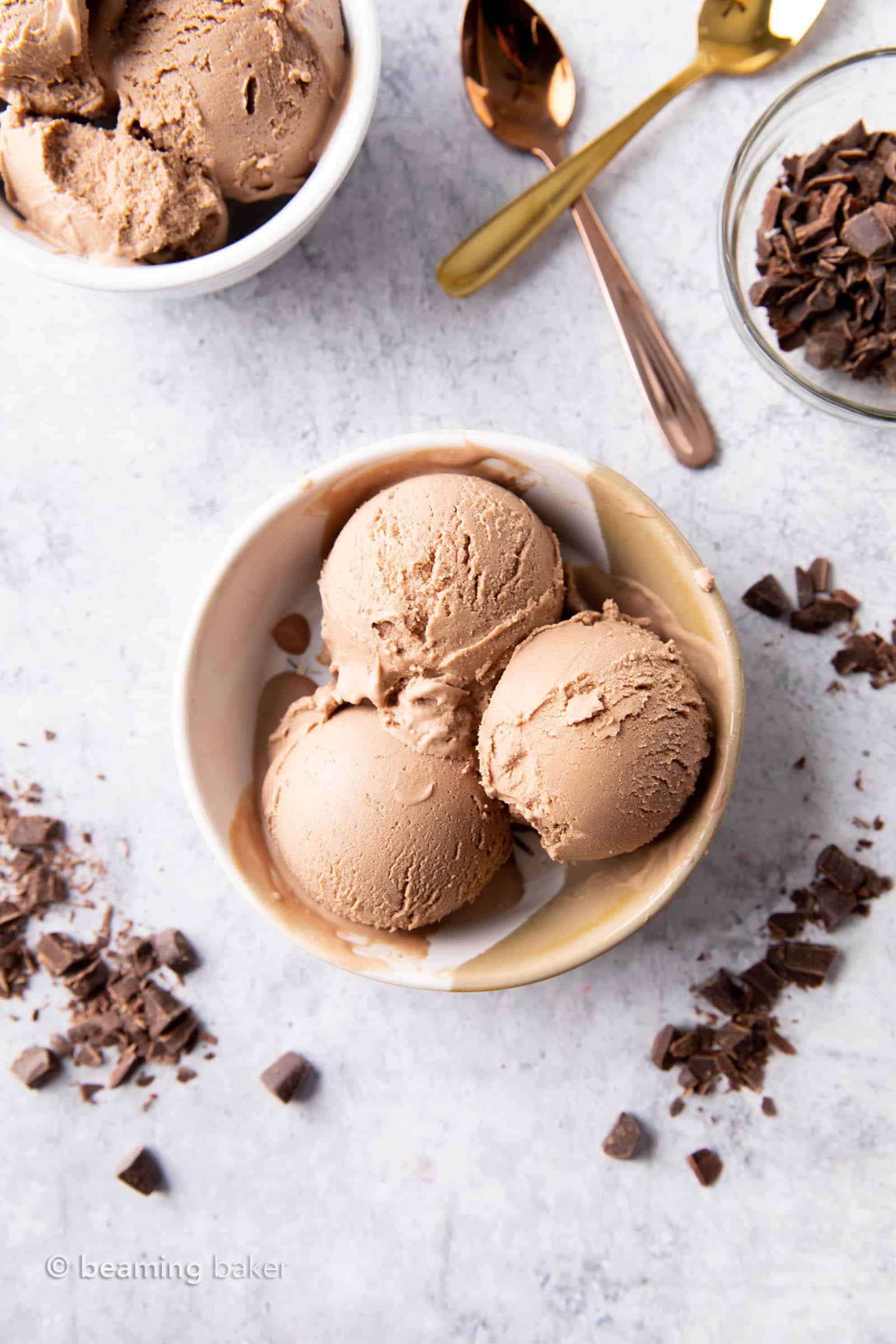 Best Vegan Chocolate Ice Cream Recipe: the BEST vegan chocolate ice cream recipe—rich ‘n creamy, unbelievable deep chocolate flavor and made with simple, whole ingredients. Deliciously decadent and guilt-free vegan chocolate ice cream. Dairy-Free. #Vegan #Chocolate #IceCream #VeganIceCream | Recipe at BeamingBaker.com