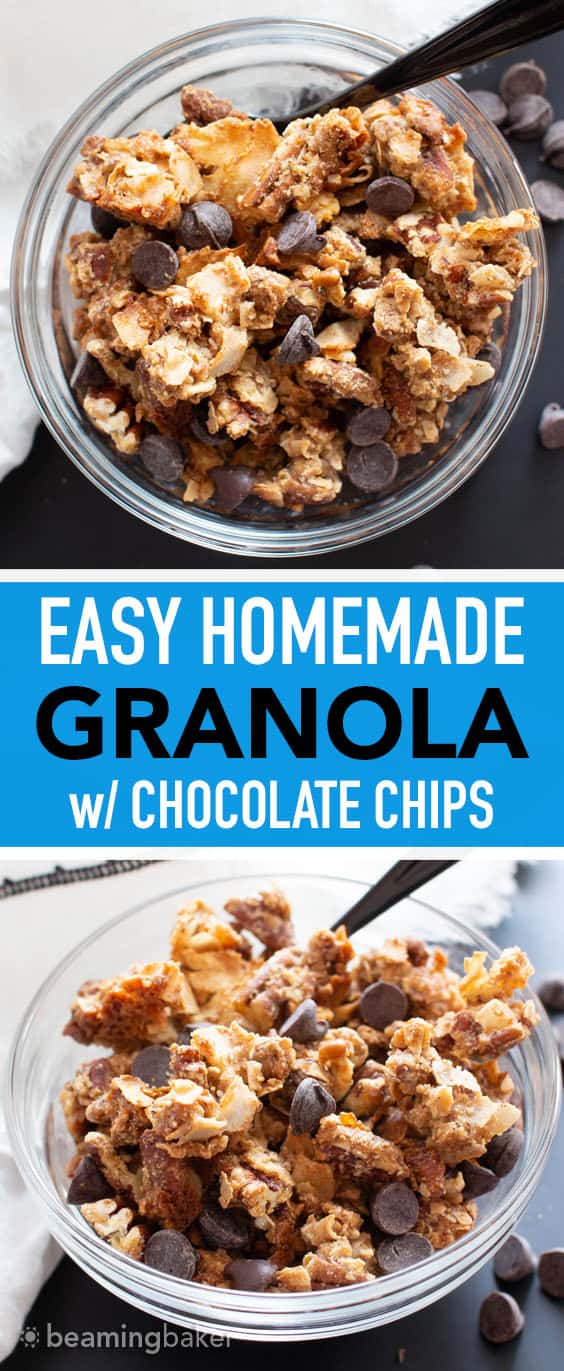 Homemade Granola Recipe: make your own granola, homemade & healthy! Crunchy clusters with chocolate chips. Best homemade granola recipe! Grain-Free, Vegan, Dairy-Free. #Granola #Homemade #GrainFree #Breakfast #Healthy | Recipe at BeamingBaker.com