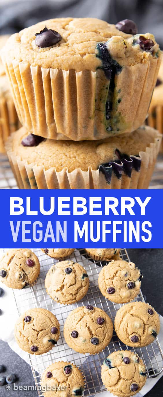 Easy Vegan Blueberry Muffins Recipe: this soft ‘n moist vegan blueberry muffins recipe yields fluffy, bright blueberry muffins. Gluten Free, Dairy-Free. #Vegan #Blueberry #Muffins #GlutenFree | Recipe at BeamingBaker.com