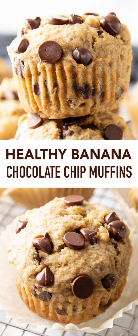 Healthy Banana Chocolate Chip Muffins: soft & moist banana bread muffins with sky-high, crispy tops, melty chocolate chips & BIG banana flavor. Whole ingredients, Plant-Based. #Muffins #Bananas #Chocolate #Healthy | Recipe at BeamingBaker.com