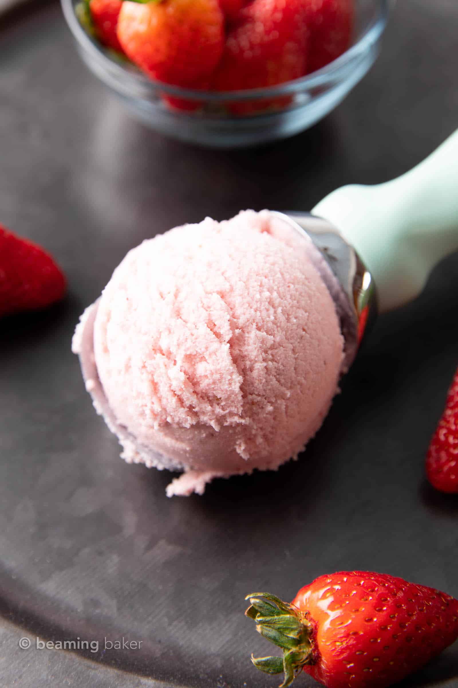Strawberry Vegan Ice Cream (Dairy-Free): the BEST vegan strawberry ice cream is fresh, sweet & creamy, bursting with strawberry flavor. Homemade vegan ice cream that’s easy! #Vegan #IceCream #DairyFree #Strawberries | Recipe at BeamingBaker.com