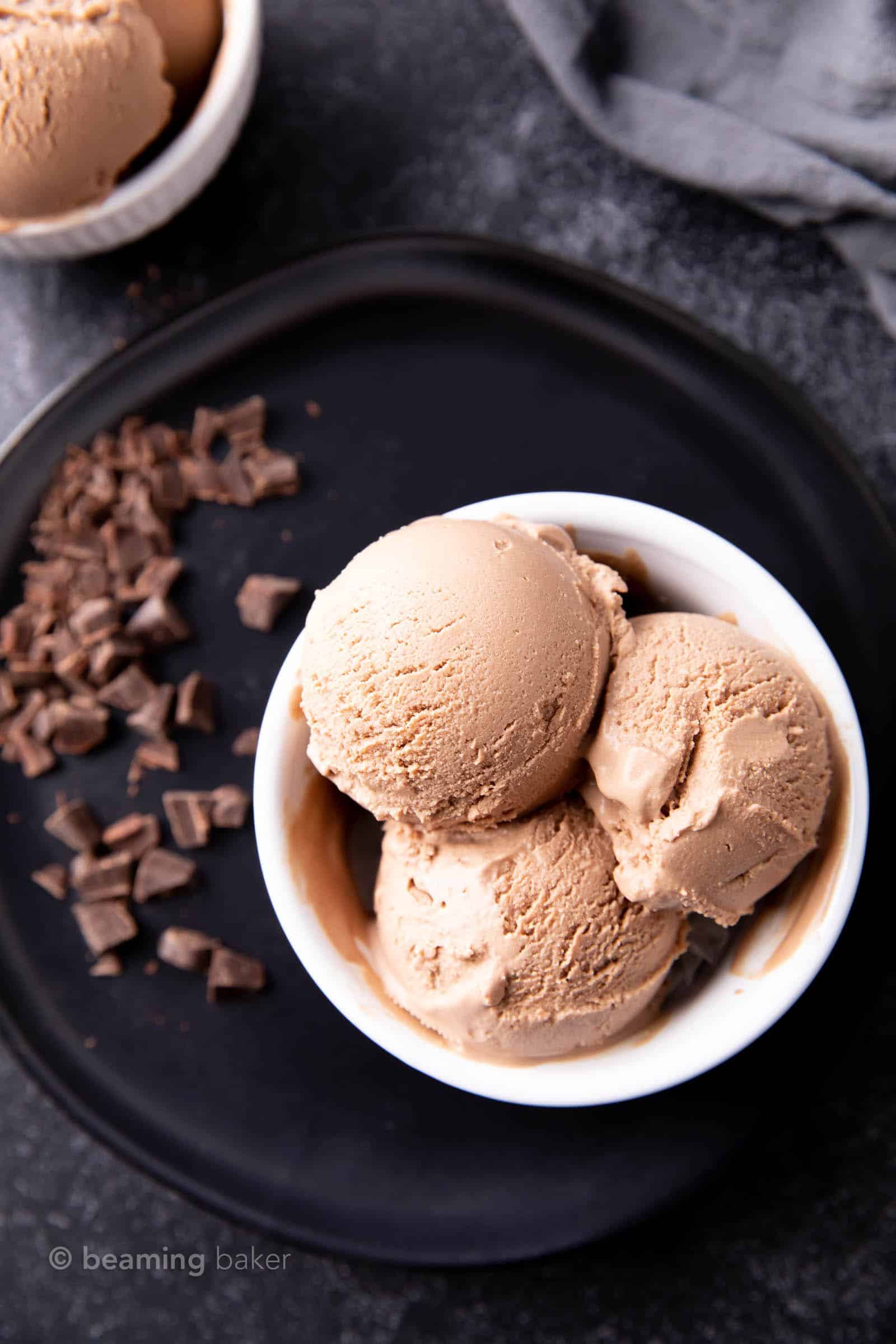 Chocolate Keto Ice Cream Recipe: this decadent chocolate keto ice cream recipe yields rich ‘n creamy homemade keto ice cream. Just 1 net carb for delicious keto ice cream! #Keto #KetoIceCream #LowCarb #Chocolate | Recipe at BeamingBaker.com