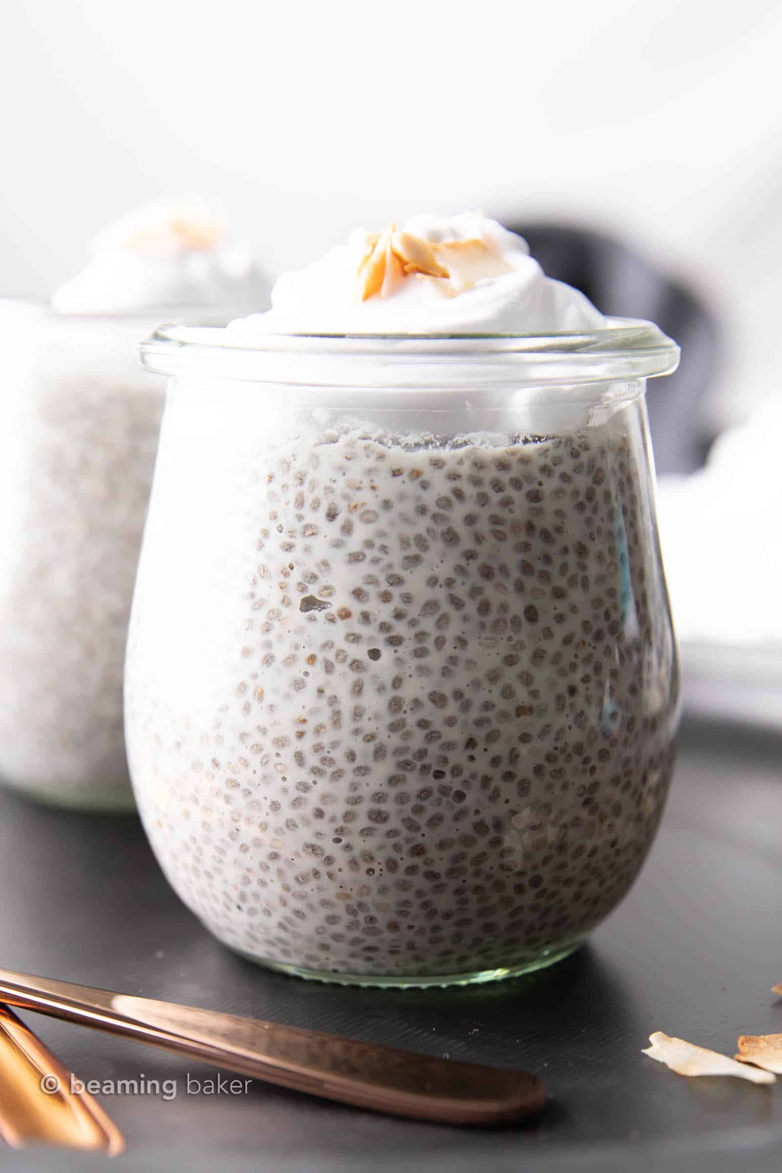 Closeup front shot of finished coconut chia pudding recipe