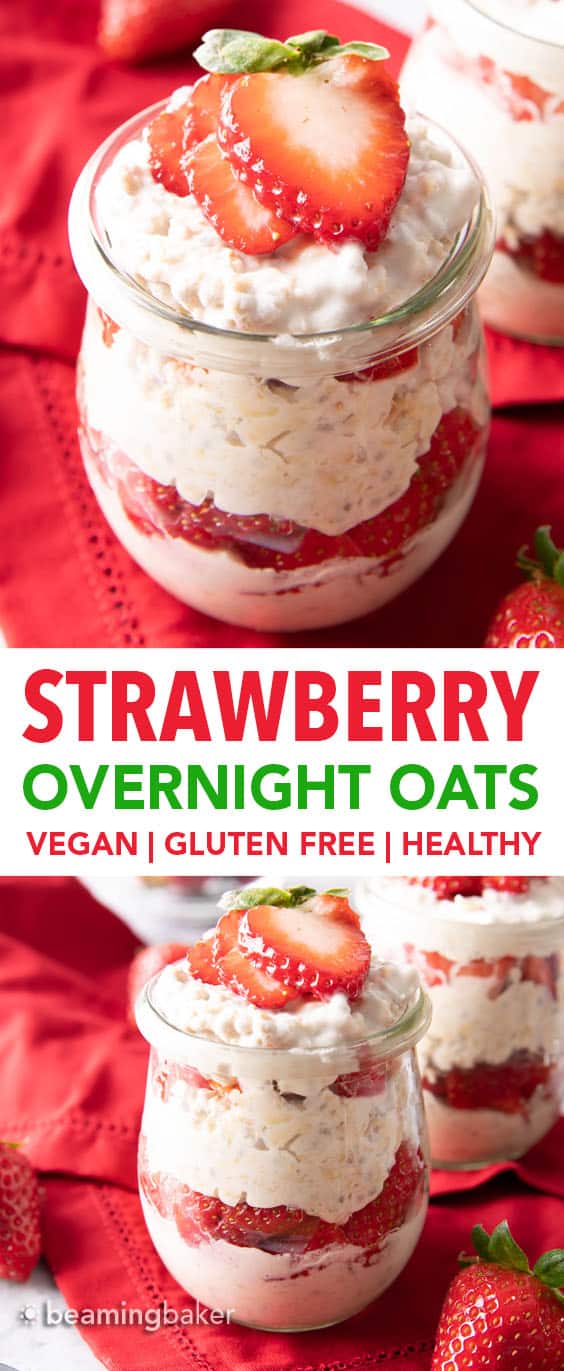 Strawberry Overnight Oats Recipe (Vegan): make easy vegan overnight oats that are thick & creamy! Simple ingredients for an easy, healthy breakfast! #Vegan #OvernightOats #OvernightOatmeal #Breakfast #Vegan | Recipe at BeamingBaker.com