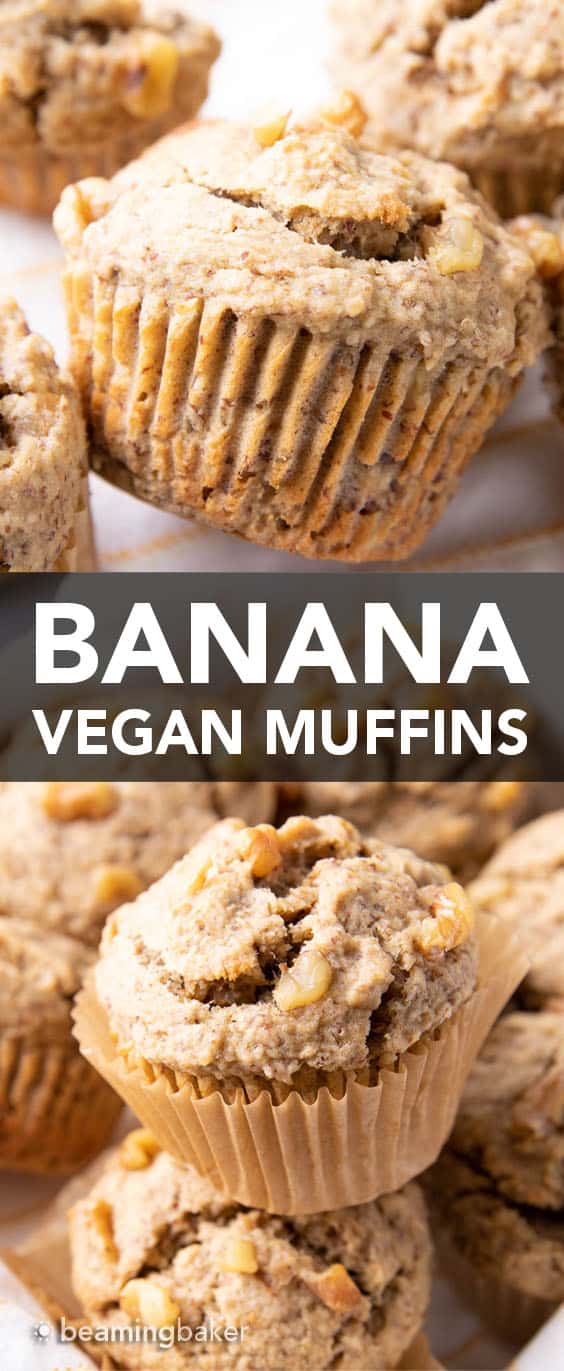 Vegan Banana Muffins Recipe: soft ‘n moist vegan banana bread muffins with a satisfying texture and big banana flavor! #Vegan #Banana #Muffins #DairyFree | Recipe at BeamingBaker.com
