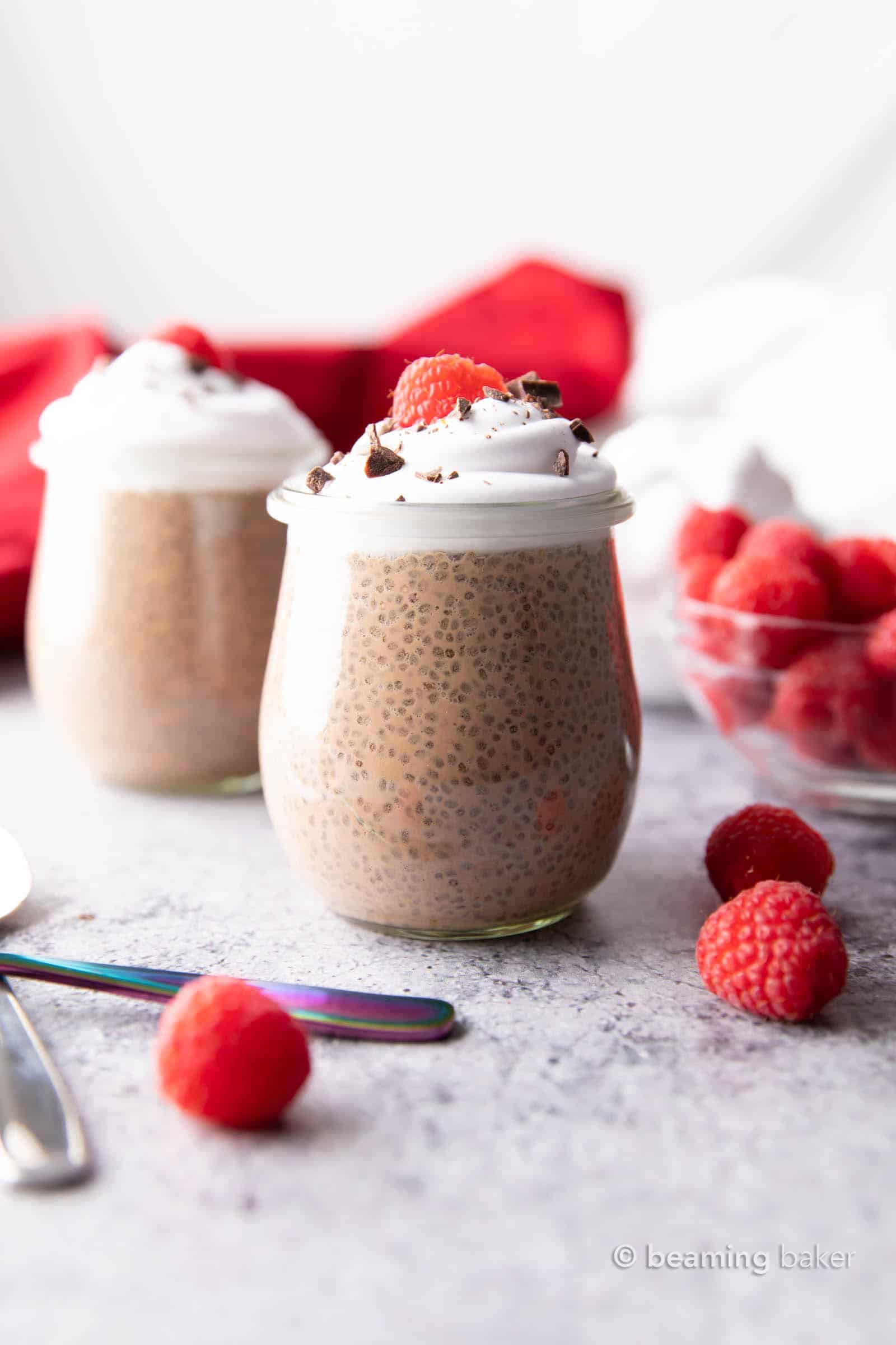 Low Carb Chocolate Chia Pudding (Keto): this rich & chocolatey keto chocolate chia pudding recipe is the best—made with simple ingredients, creamy and thick, and Low Carb! Keto chia pudding never tasted so good. #Keto #KetoDessert #LowCarb #ChiaPudding | Recipe at BeamingBaker.com
