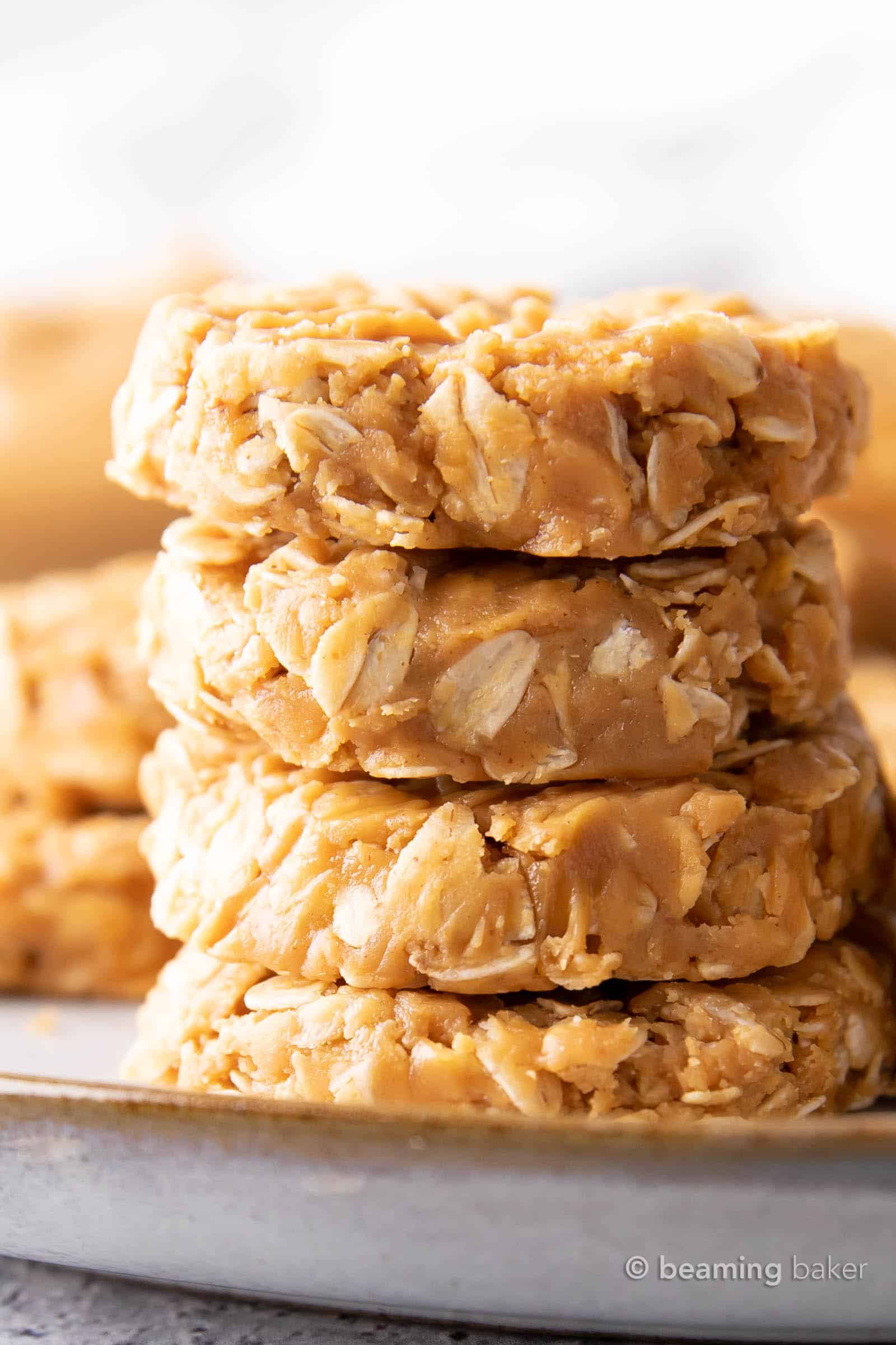 Easy Peanut Butter No Bake Cookies: this 3 ingredient peanut butter no bake cookies recipe is so easy to make! Sweet, chewy and satisfying no bake peanut butter oatmeal cookies. #NoBake #Cookies #PeanutButter #Oatmeal | Recipe at BeamingBaker.com