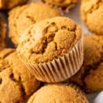 Vegan Pumpkin Muffins: this vegan pumpkin muffin recipe is easy & eggless! The best vegan pumpkin muffins – moist, soft & tender crumb, perfectly spiced. #Vegan #Pumpkin #Muffins #Fall | Recipe at BeamingBaker.com