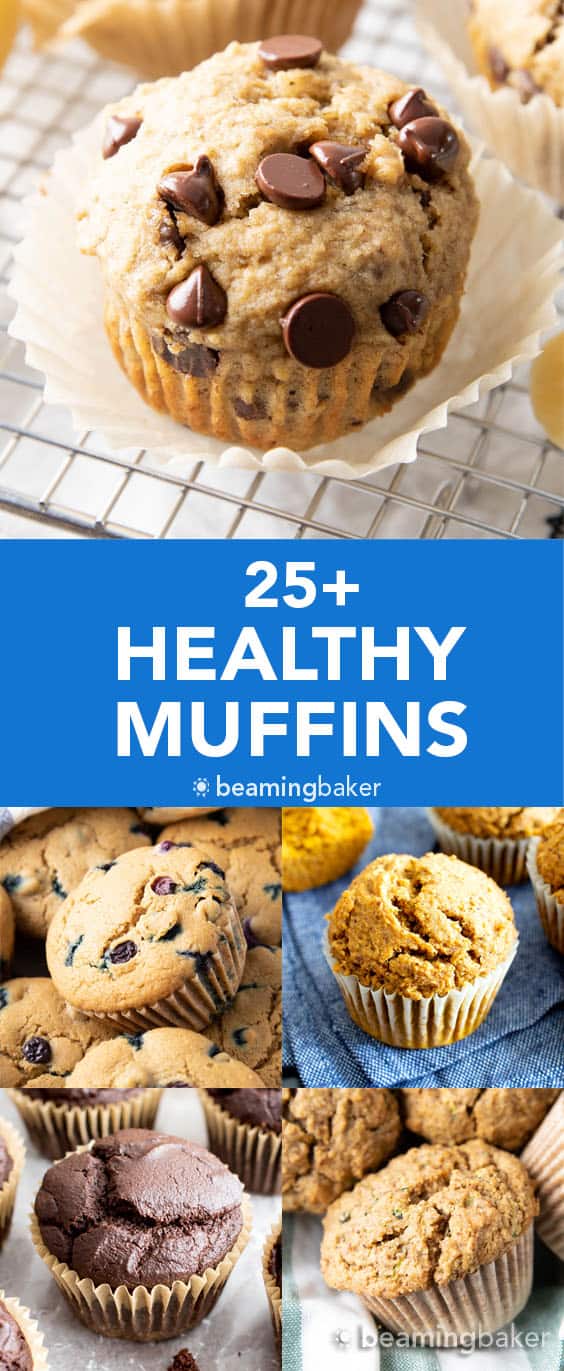 Easy Healthy Muffin Recipes (V, GF): the best healthy muffin recipes, including healthy blueberry muffins, healthy banana muffins, healthy pumpkin muffins and more! Healthy, Vegan, Gluten Free. #Muffins #Healthy #HealthyBreakfast #Vegan #GlutenFree | Recipes at BeamingBaker.com