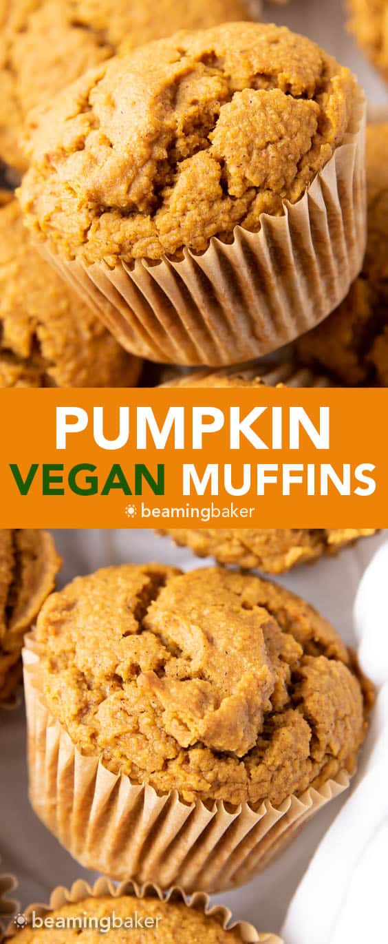 Vegan Pumpkin Muffins: this vegan pumpkin muffin recipe is easy & eggless! The best vegan pumpkin muffins – moist, soft & tender crumb, perfectly spiced. #Vegan #Pumpkin #Muffins #Fall | Recipe at BeamingBaker.com