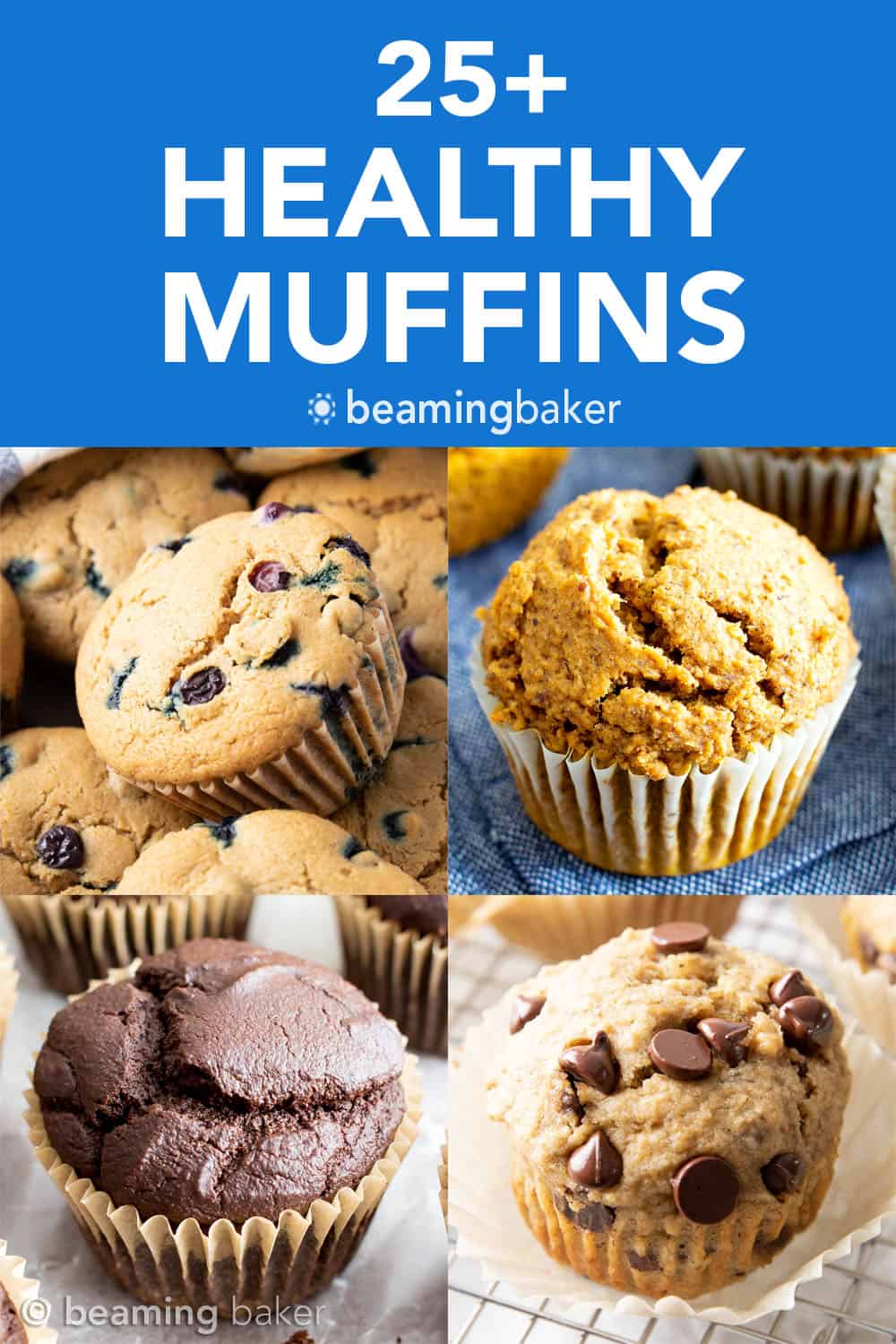 Easy Healthy Muffin Recipes (V, GF): the best healthy muffin recipes, including healthy blueberry muffins, healthy banana muffins, healthy pumpkin muffins and more! Healthy, Vegan, Gluten Free. #Muffins #Healthy #HealthyBreakfast #Vegan #GlutenFree | Recipes at BeamingBaker.com