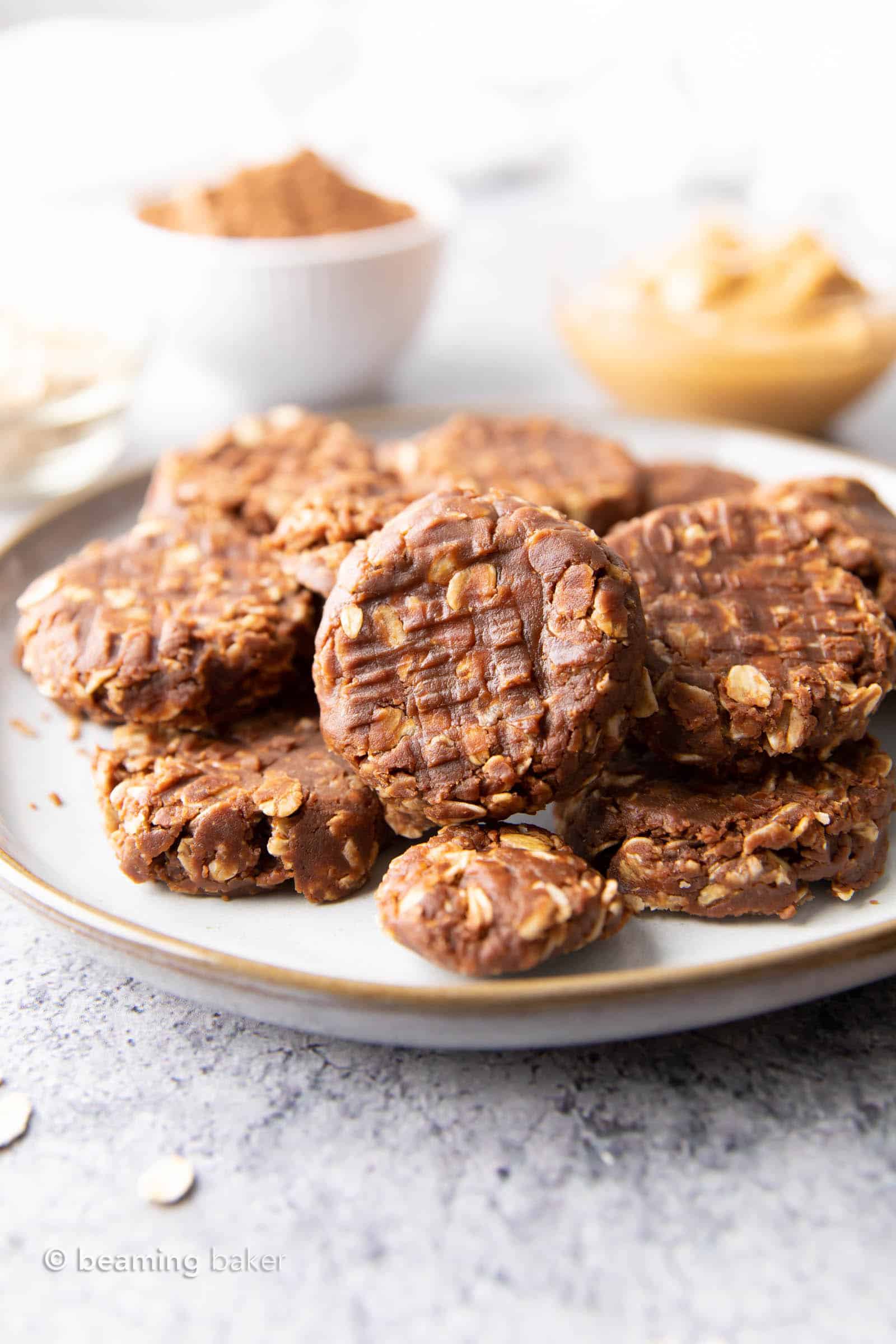 Simple & Easy No Bake Chocolate Oatmeal Cookies: just 4 ingredients for soft & chewy no bake cookies prepared in minutes! Delicious, Healthy and Easy! #NoBake #Oatmeal #Cookies #Chocolate | Recipe at BeamingBaker.com