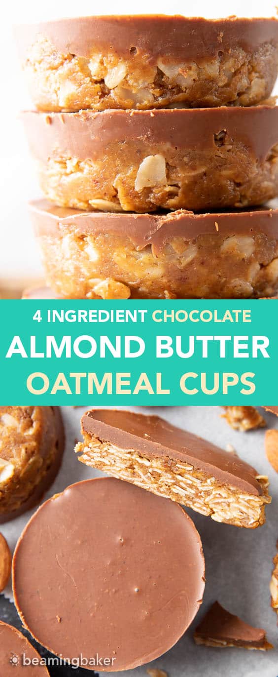 Chocolate Almond Butter Oatmeal Cups: an easy 4 ingredient recipe for no bake oatmeal cups with almond butter & chocolate topping! A quick & easy healthy snack that’s delicious! #Chocolate #AlmondButter #Snacks #Oatmeal | Recipe at BeamingBaker.com