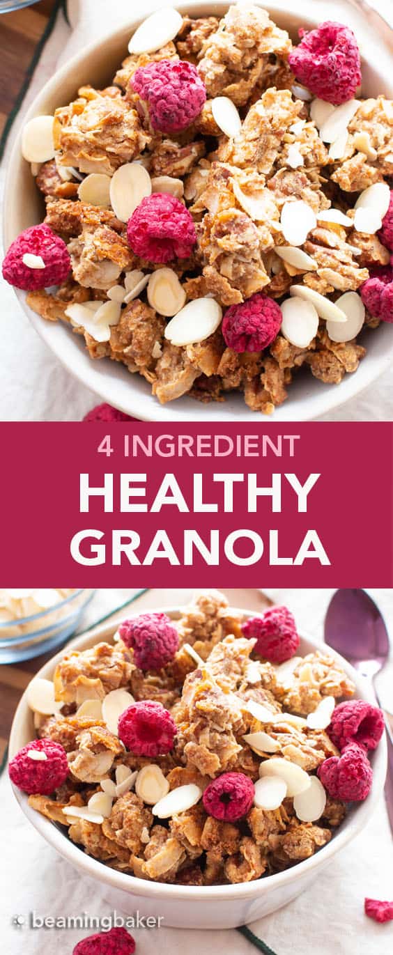 Best Healthy Granola Recipe: this 4 ingredient healthy granola is so EASY to make & yields big granola clusters! The best healthy granola recipe—delicious, vegan, gluten free, no refined sugar. #Granola #Healthy #HealthyGranola #Breakfast | Recipe at BeamingBaker.com