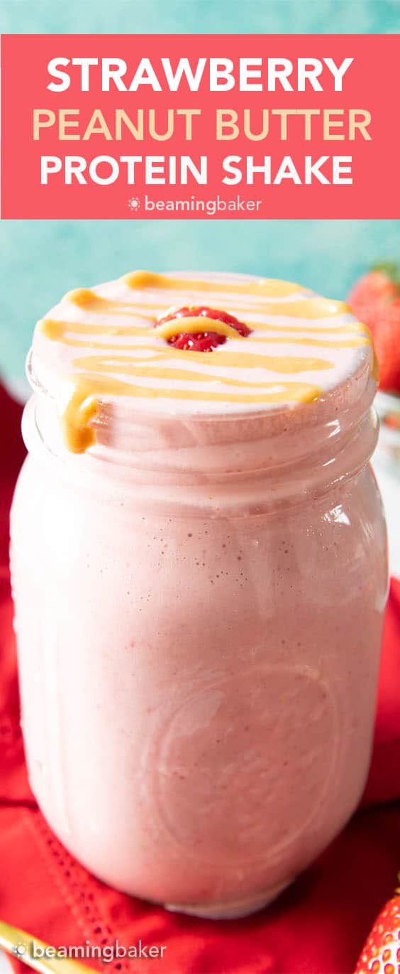 Strawberry Peanut Butter Protein Shake Recipe: this PB&J protein shake recipe is packed with 16 grams of protein! The best protein shake—4 ingredients, vegan, dairy-free, no added sugar & healthy! #Protein #Shake #Strawberry #PeanutButter | Recipe at BeamingBaker.com