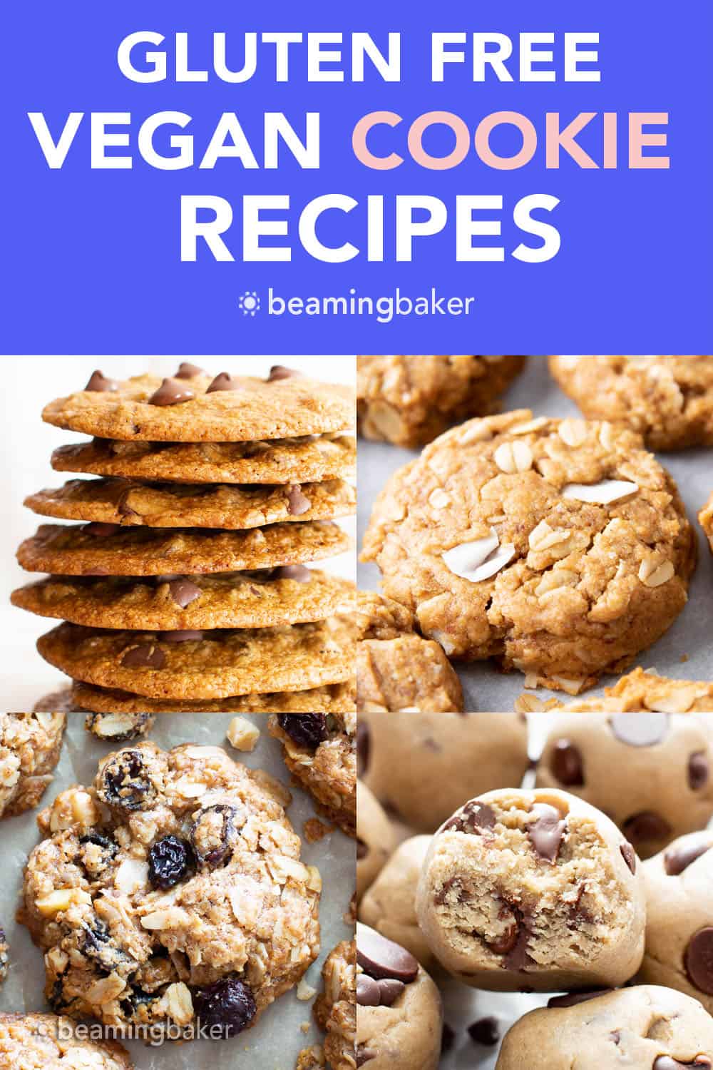 The BEST Vegan Gluten Free Cookies, all in one place! Find vegan gluten free oatmeal cookies, vegan gluten free chocolate chip cookies, V+GF peanut butter cookies, cookie dough, oatmeal raisin and more! #VeganGlutenFree #VeganCookies #GlutenFreeVegan #GlutenFreeCookies | Recipes at BeamingBaker.com