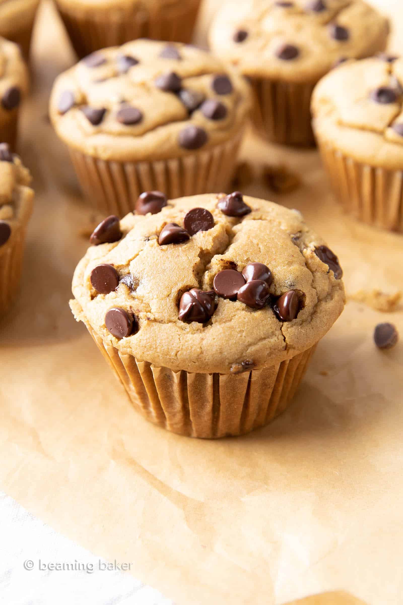 Chocolate chip muffins on parchment paper