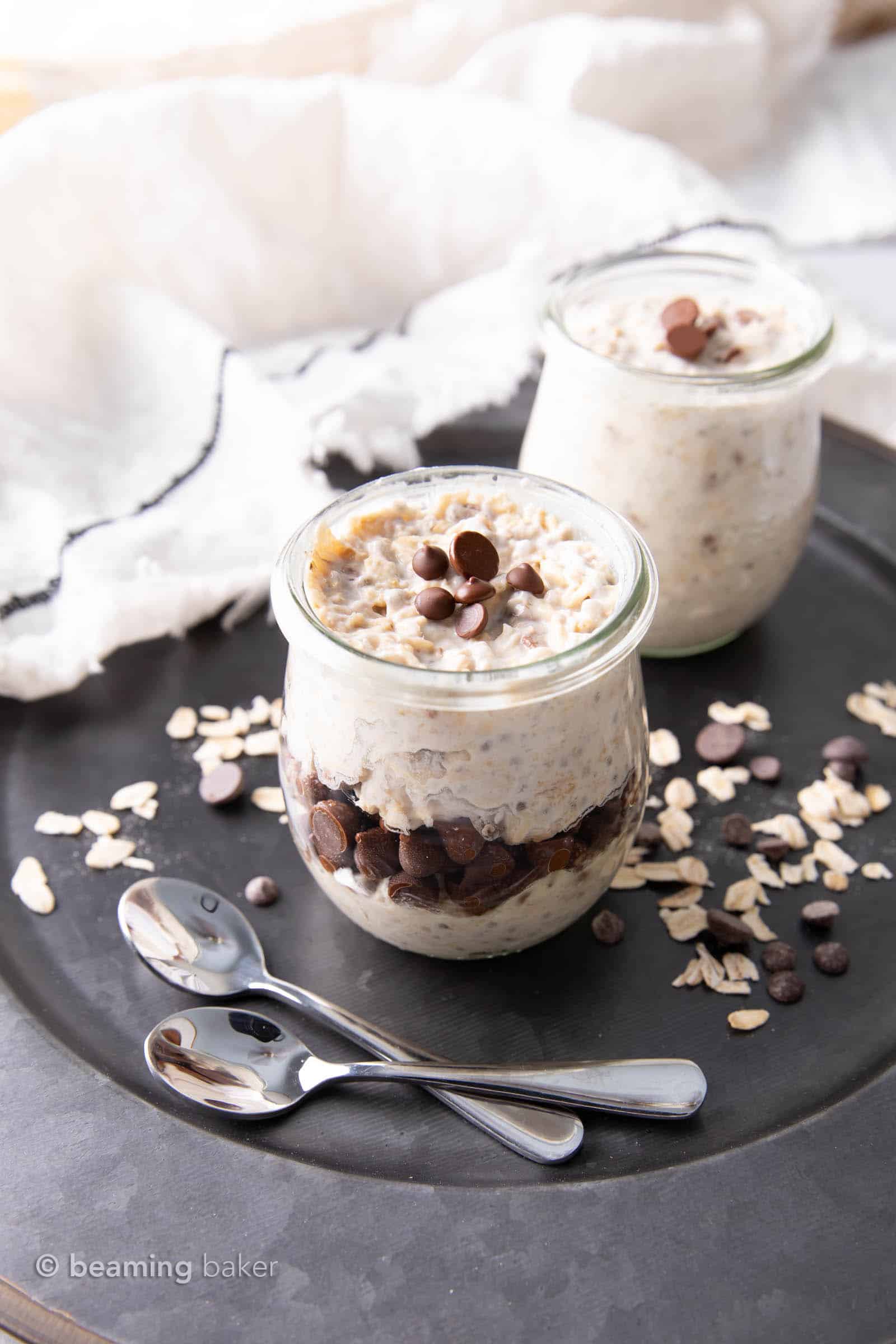 Chocolate Chip Overnight Oats: an easy vegan overnight oats recipe that’s creamy, rich and chockfull of vegan chocolate chips! A quick breakfast made the night before. #Vegan #OvernightOats #OvernightOatmeal #ChocolateChips | Recipe at BeamingBaker.com