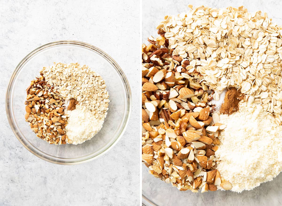 Two photos showing How to Make Gluten Free Granola – adding dry ingredients to a mixing bowl