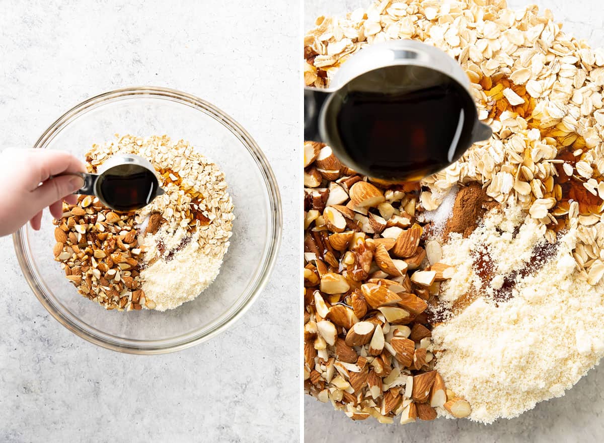 Two photos showing How to Make Gluten Free Granola – pouring maple syrup into the bowl