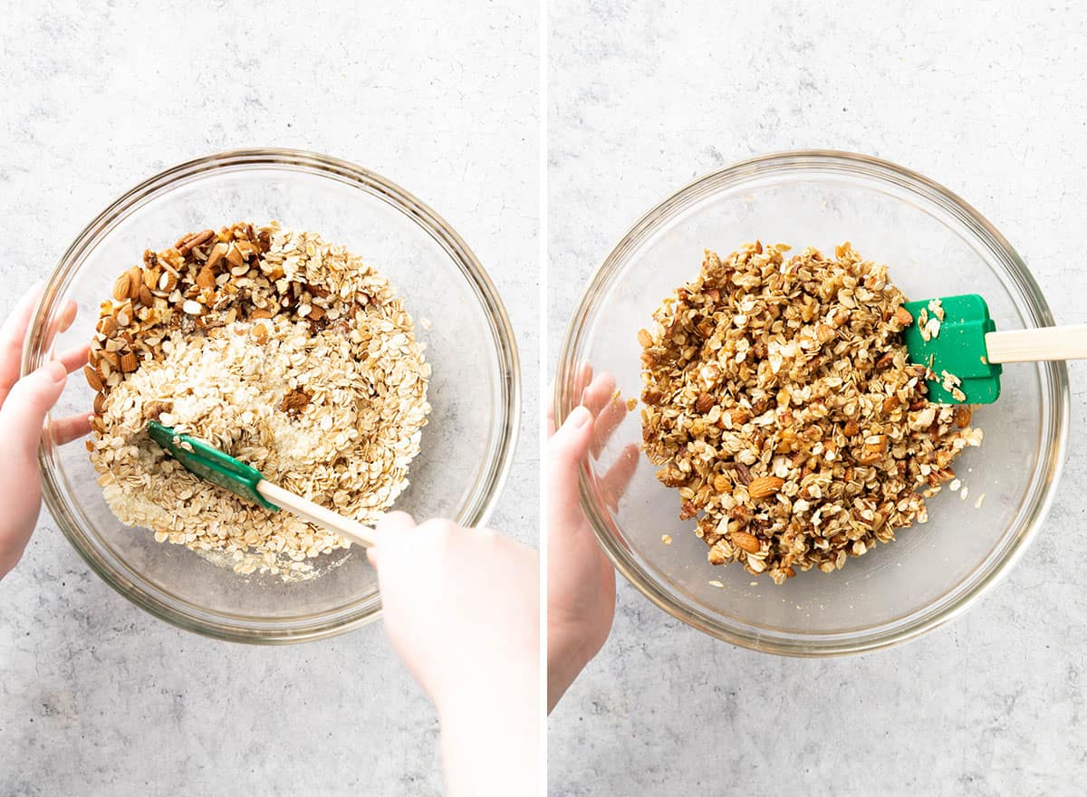 Two photos showing How to Make Gluten Free Granola – stirring until well mixed