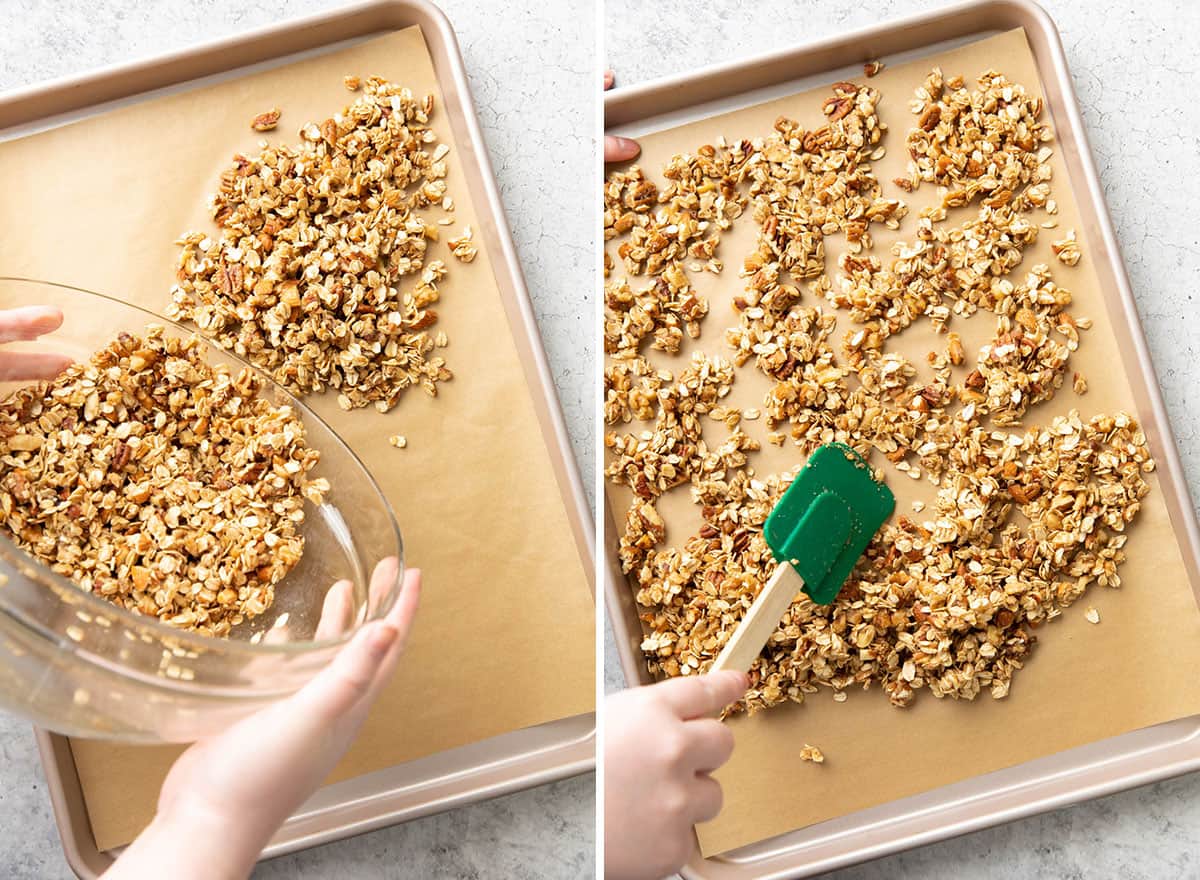 Two photos showing How to Make Gluten Free Granola – pouring granola onto baking sheet