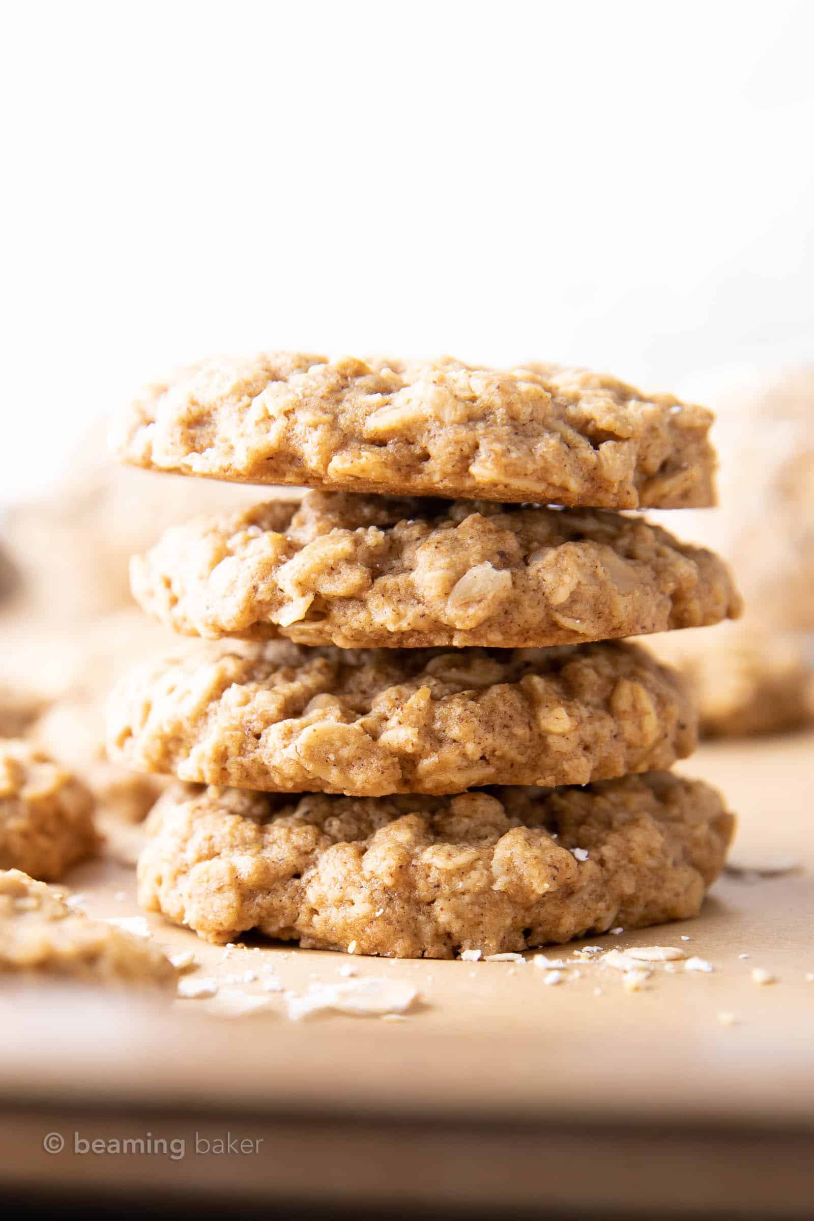 Closeup shot of a stack of four healthy oatmeal cookies