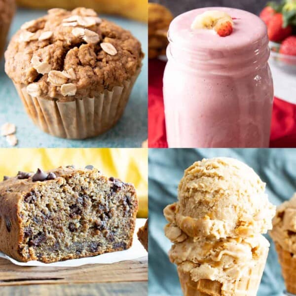 The best healthy banana recipes for ripe bananas! Everything from healthy banana bread to healthy banana muffins, healthy banana oatmeal cookies and more. #RipeBananas #Bananas #Healthy #HealthyRecipes | Recipe at BeamingBaker.com