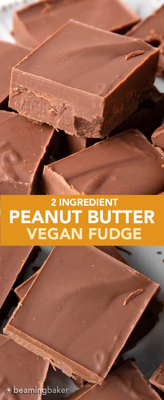 Chocolate Peanut Butter Vegan Fudge: this 2 ingredient EASY vegan fudge recipe yields thick squares of decadent, rich fudge that tastes like peanut butter cups! #Vegan #Chocolate #PeanutButter #Fudge | Recipe at BeamingBaker.com
