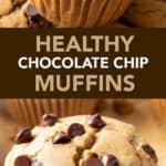 BEST EVER Healthy Chocolate Chip Muffins: soft & tender, perfectly moist and fluffy crumb, sweet vanilla flavor, bursting with melty chocolate chips. Tastes like chocolate chip cookies in muffin form! #Healthy #Muffins #ChocolateChip | Recipe at BeamingBaker.com