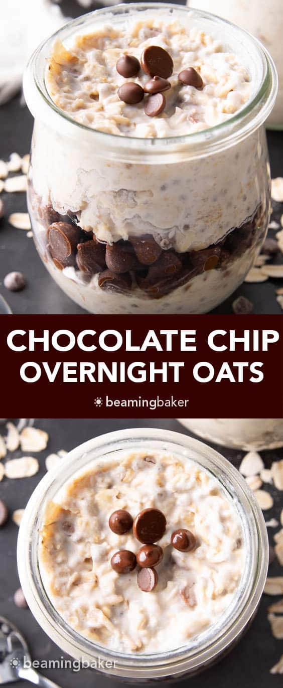 Chocolate Chip Overnight Oats: an easy vegan overnight oats recipe that’s creamy, rich and chockfull of vegan chocolate chips! A quick breakfast made the night before. #Vegan #OvernightOats #OvernightOatmeal #ChocolateChips | Recipe at BeamingBaker.com