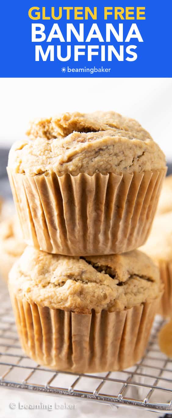 An easy recipe for Gluten Free Banana Muffins that are satisfyingly dense and rich, with just a bit of fluffiness and delicious medium sweet banana flavor. #GlutenFree #Banana #Muffins | Recipe at BeamingBaker.com 