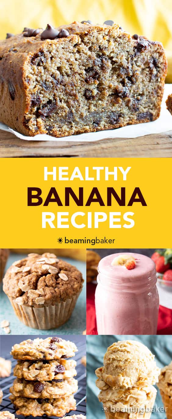 The best healthy banana recipes for ripe bananas! Everything from healthy banana bread to healthy banana muffins, healthy banana oatmeal cookies and more. #RipeBananas #Bananas #Healthy #HealthyRecipes | Recipe at BeamingBaker.com
