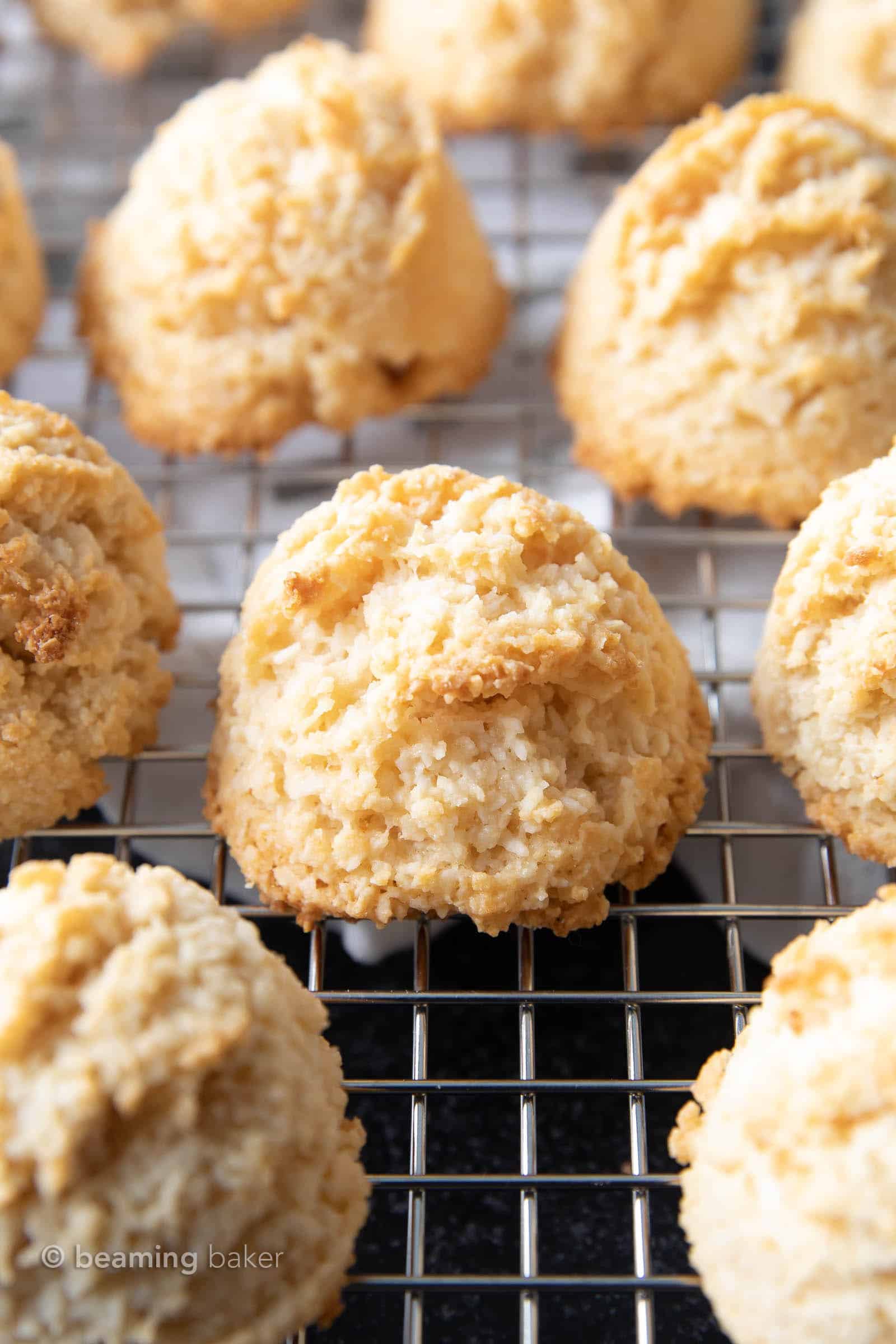 Keto Coconut Macaroons Recipe: this 4 ingredient keto macaroons recipe is gluten free & easy to make! The best Low Carb coconut macaroons—chewy & moist inside, crispy golden exterior. #Keto #LowCarb #GlutenFree #Coconut #Macaroons | Recipe at BeamingBaker.com