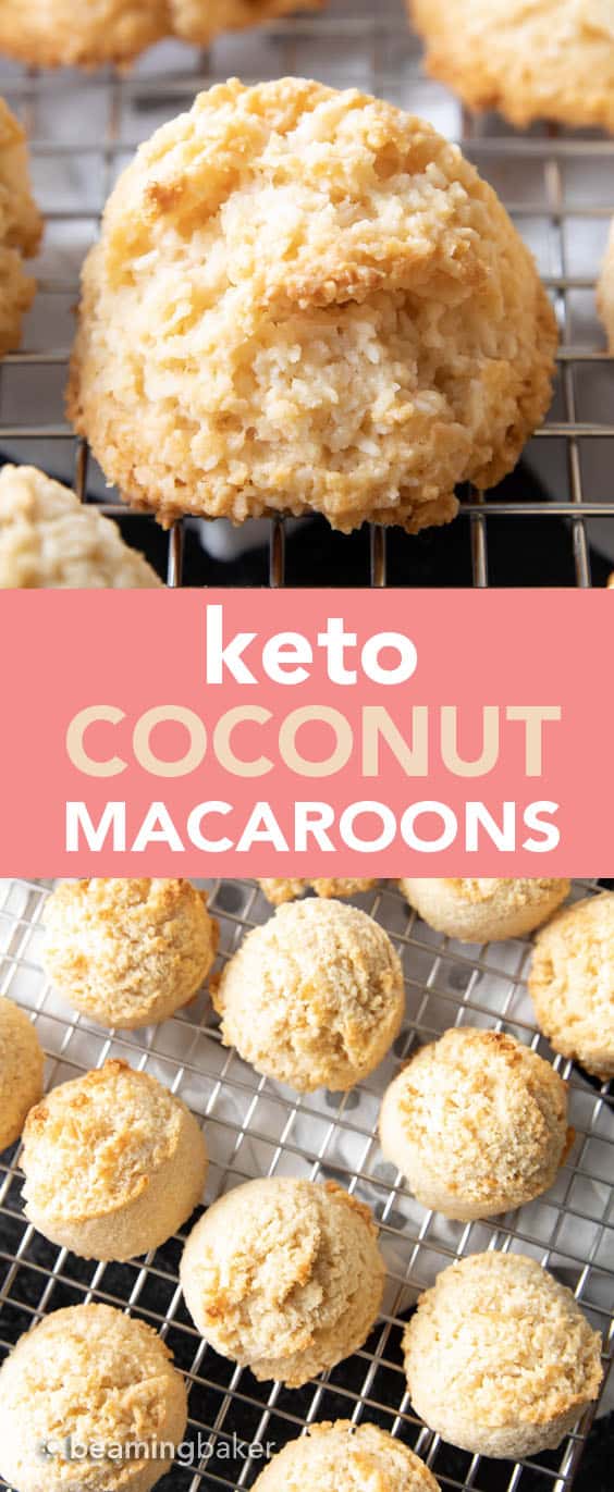 Keto Coconut Macaroons Recipe: this 4 ingredient keto macaroons recipe is gluten free & easy to make! The best Low Carb coconut macaroons—chewy & moist inside, crispy golden exterior. #Keto #LowCarb #GlutenFree #Coconut #Macaroons | Recipe at BeamingBaker.com