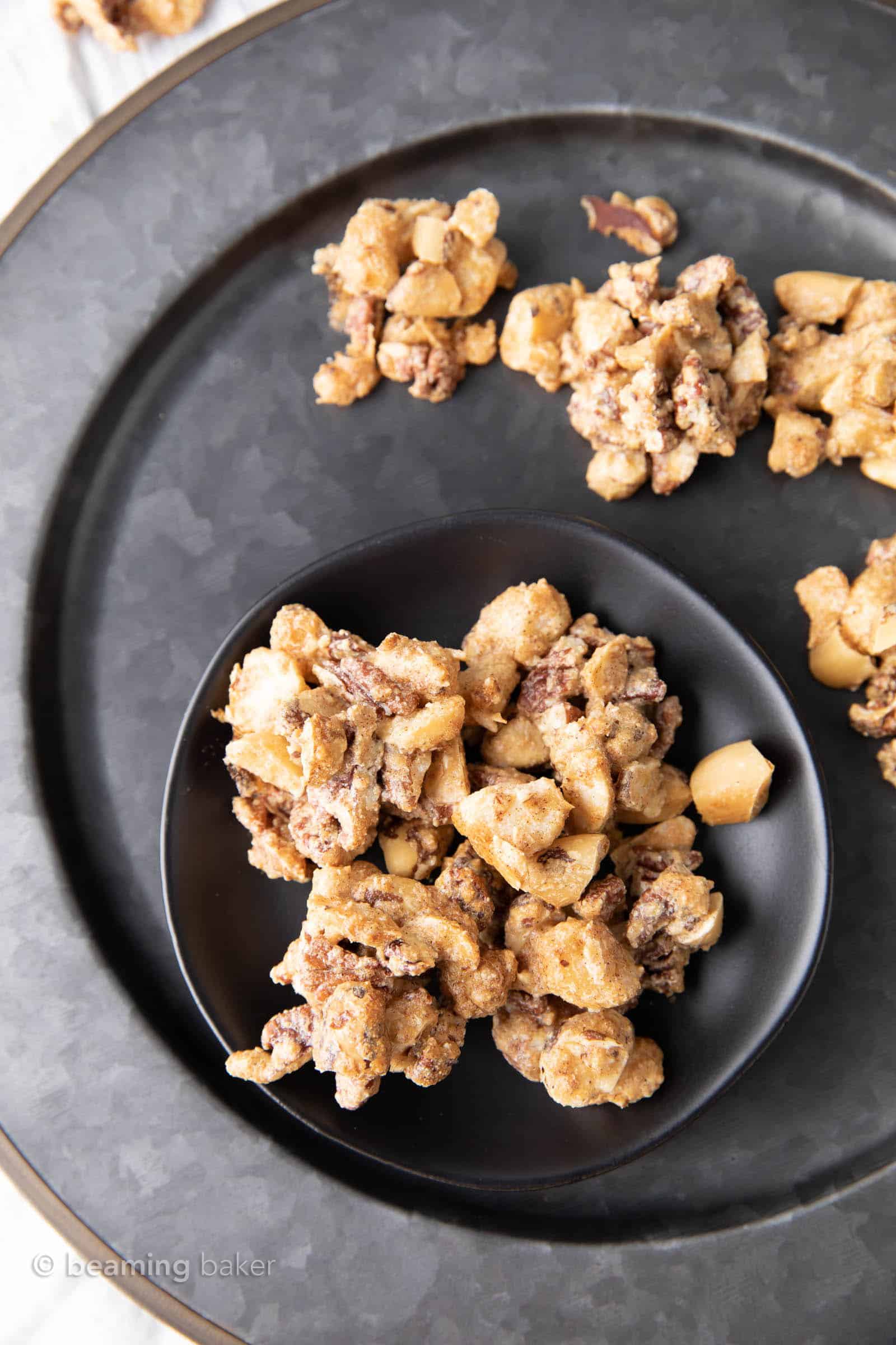 Keto Nut Clusters: just 3 ingredients and 5 minutes of prep for crispy, crunchy keto nut clusters with a sweet, nutty chew. Low Carb, Keto Nuts. #Keto #LowCarb #Nuts #KetoNuts | Recipe at BeamingBaker.com