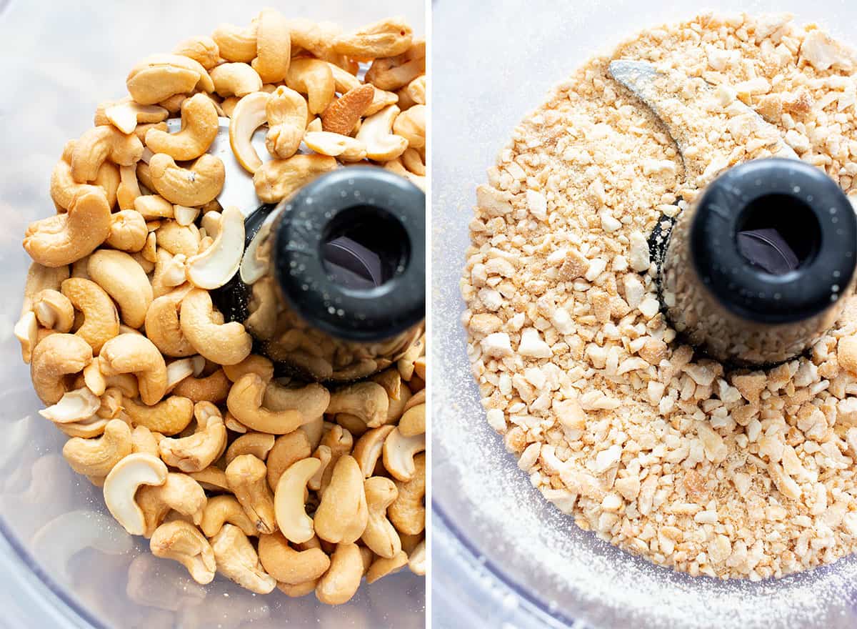 Two photos showing How to Make Cashew Butter – pulsing whole cashews into roughly chopped