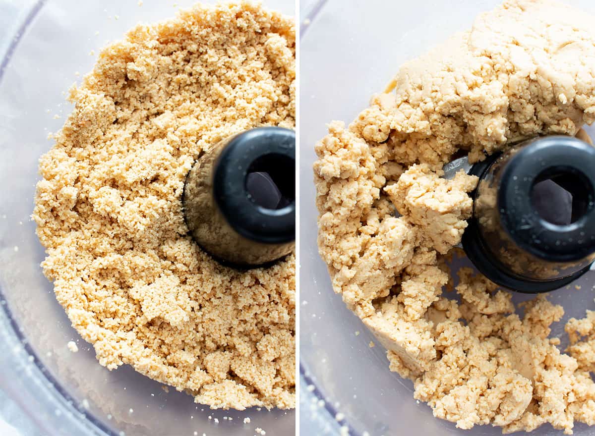 Two photos showing How to Make Cashew Butter – processing until cashew oil release