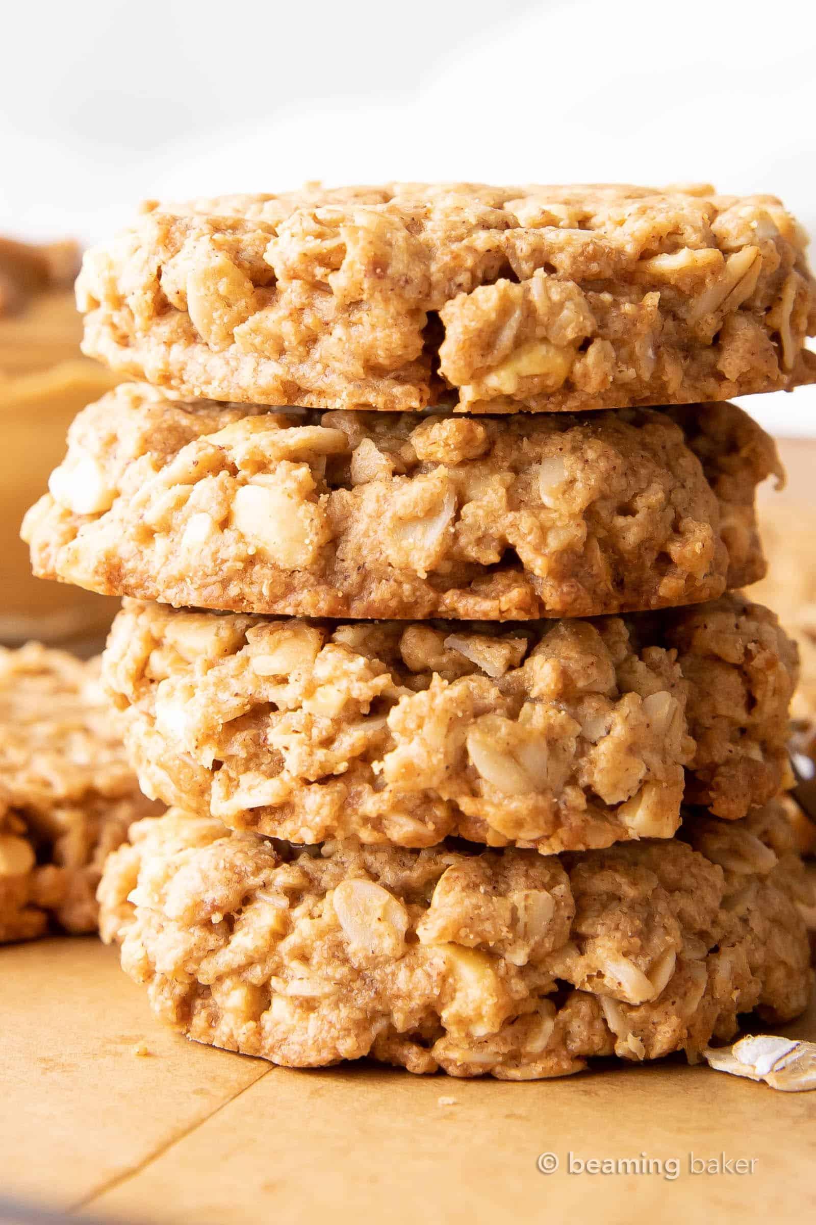 A super closeup shot of a stack of healthy peanut butter oatmeal cookies