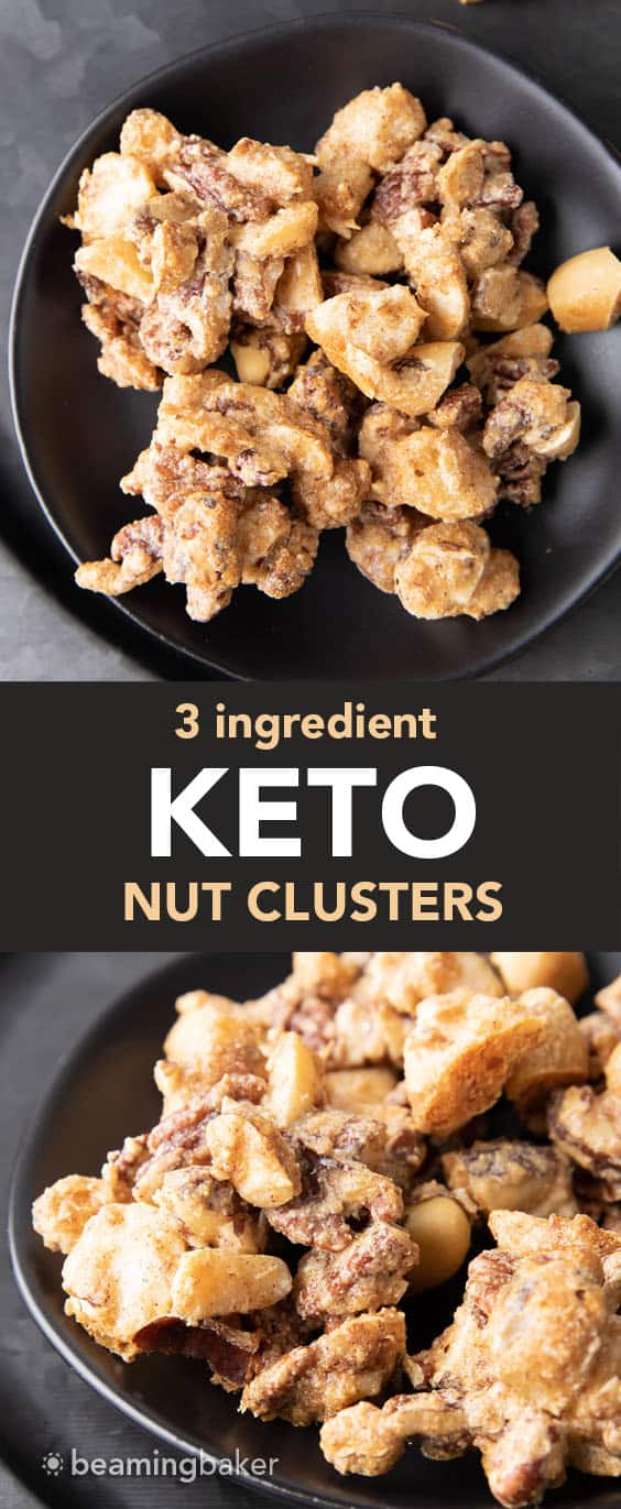 Keto Nut Clusters: just 3 ingredients and 5 minutes of prep for crispy, crunchy keto nut clusters with a sweet, nutty chew. Low Carb, Keto Nuts. #Keto #LowCarb #Nuts #KetoNuts | Recipe at BeamingBaker.com