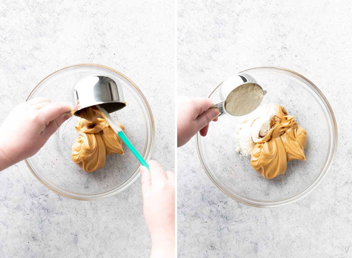 Two photos showing How to Make Keto Peanut Butter Balls – adding ingredients to bowl