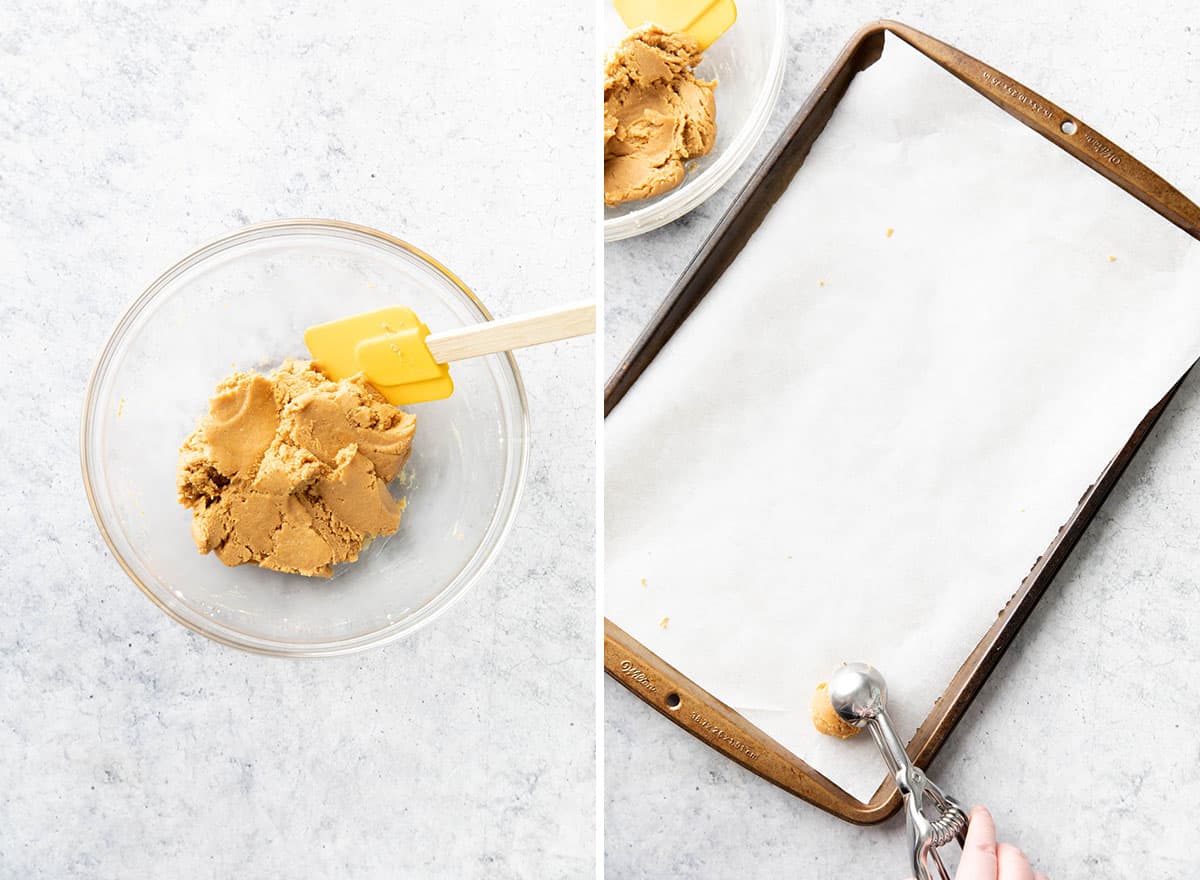 Two photos showing How to Make Keto Peanut Butter Balls – scooping balls