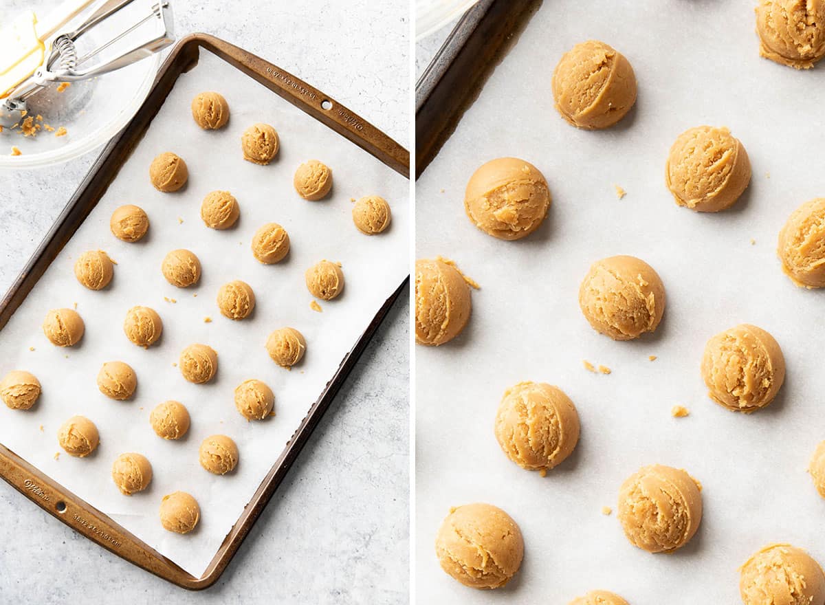 Two photos showing How to Make this recipe – scooping balls onto sheet