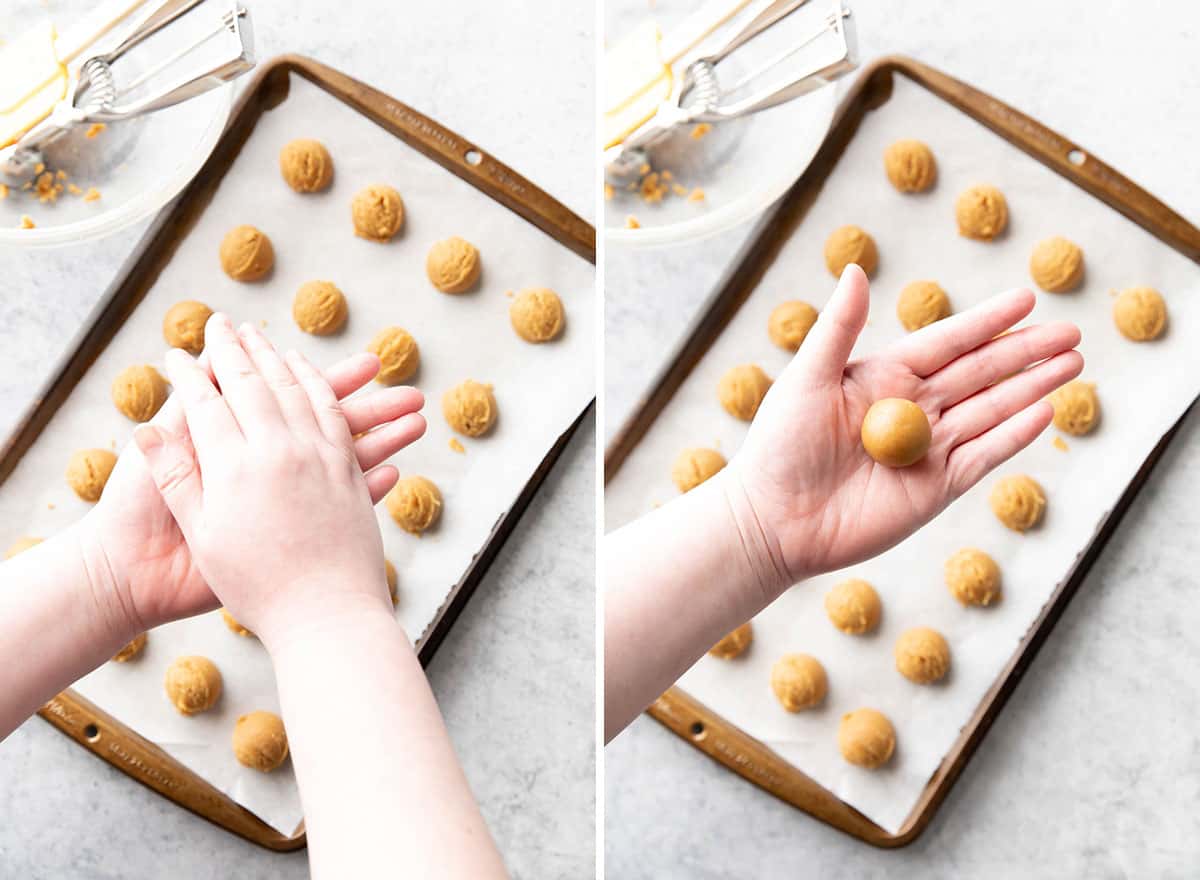Two photos showing How to Make this recipe – rolling into spheres